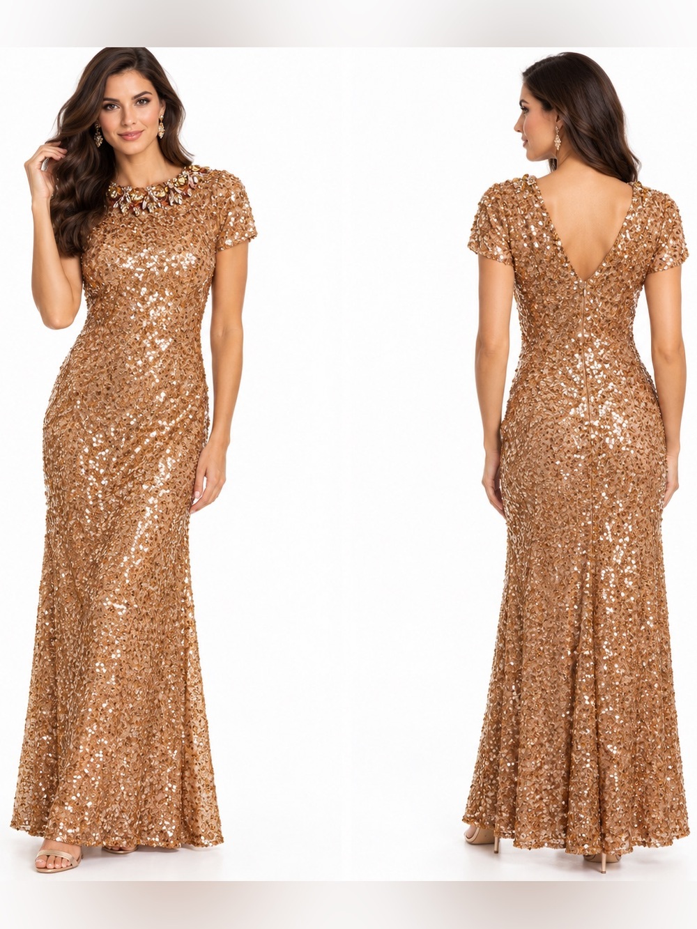 Sachin + Babi Sequined Formal Gown Size 2 Elegant Gold Column Gown Rhinestones